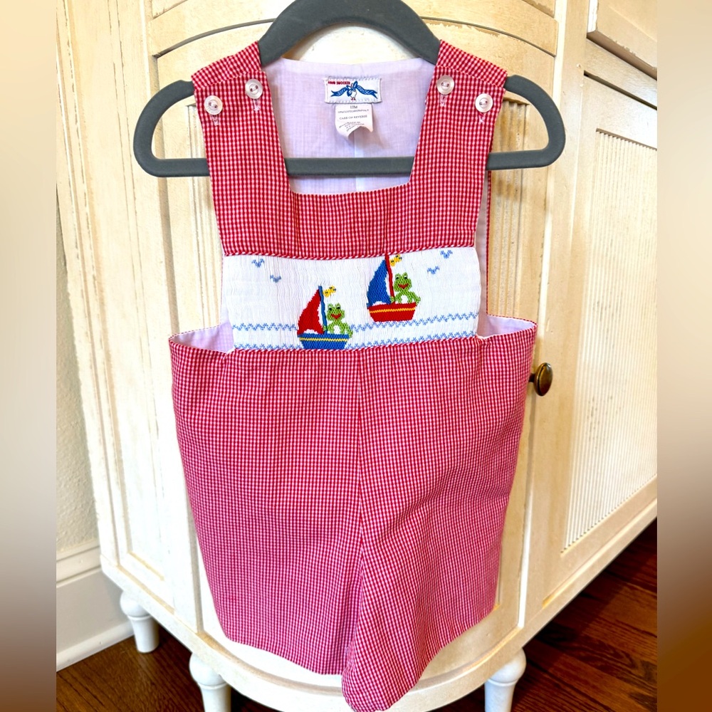 Red/white checkered, smocked jon Jon. Size 12 month.